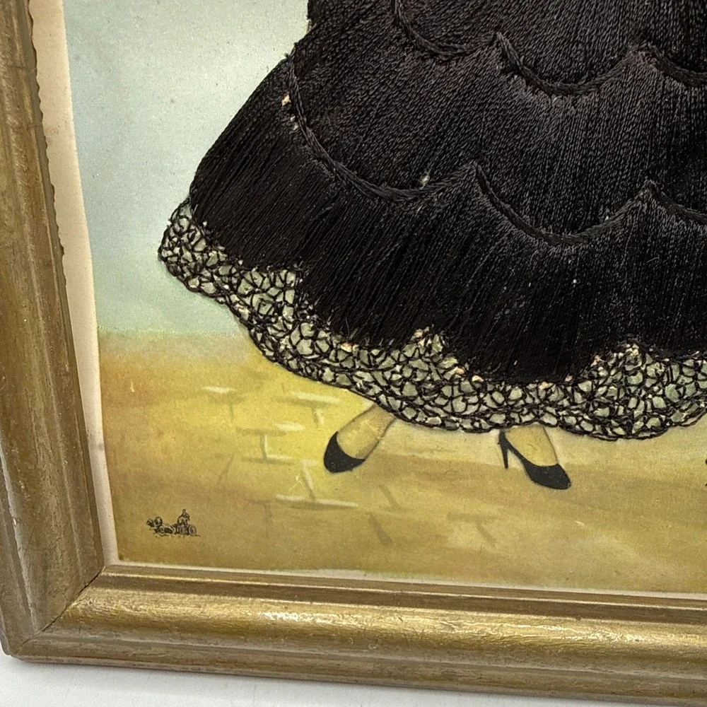 Antique Embroidered Framed Picture Women In Black Gown Signed